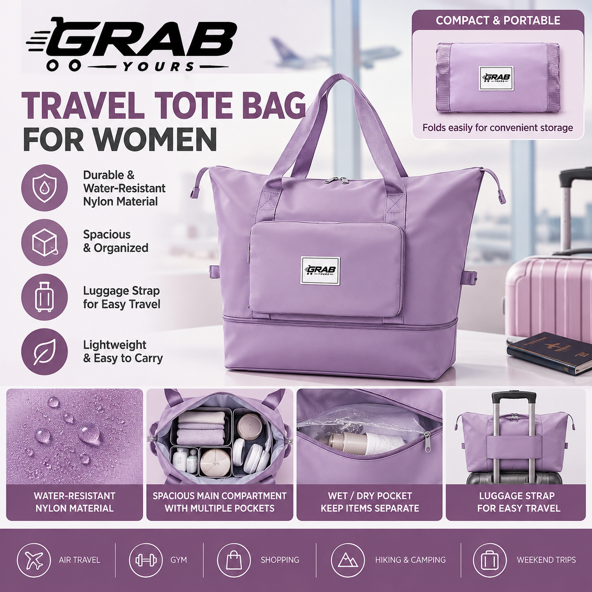 Grab Yours™ Women’s Carry-On Travel Tote Bag