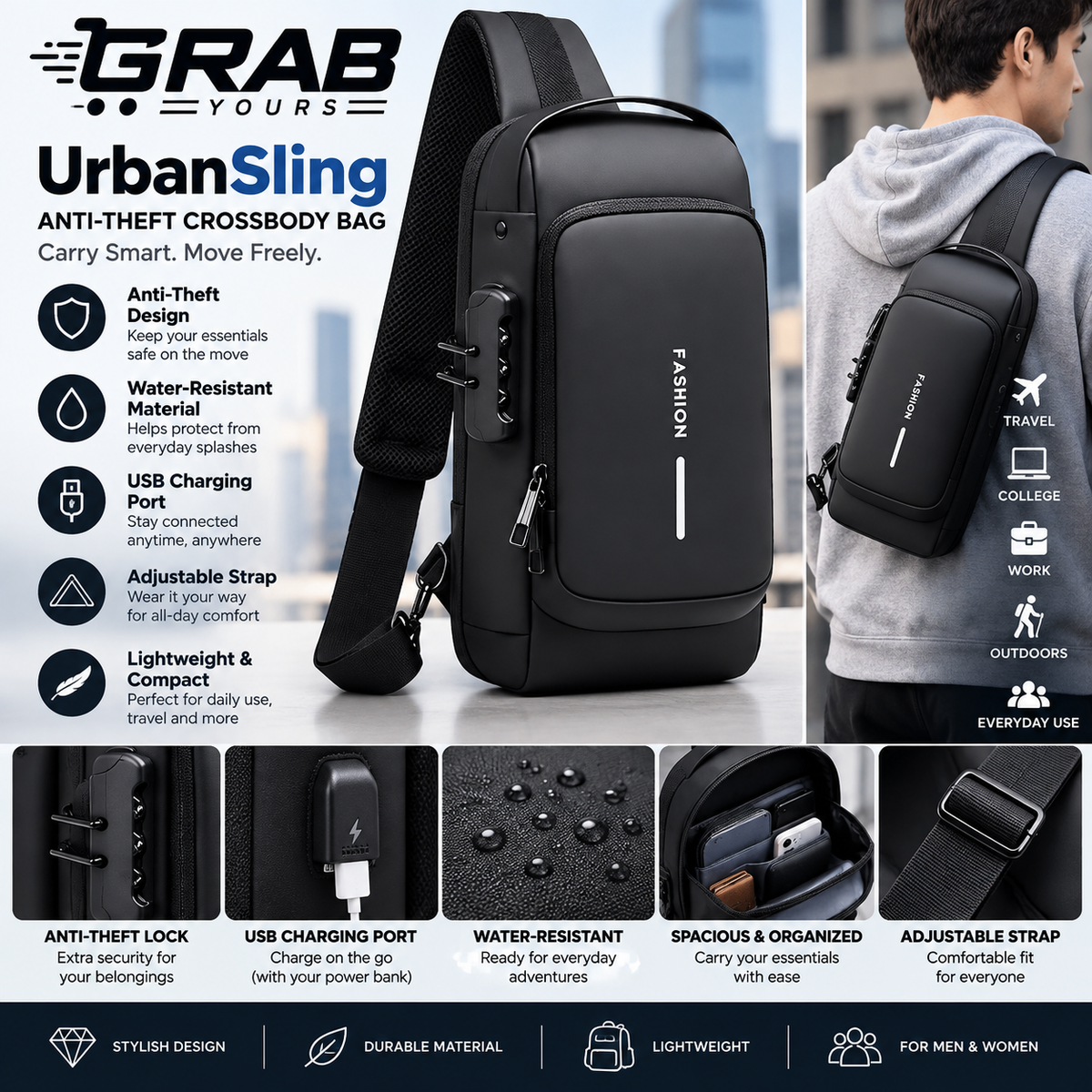 Grab Yours™ UrbanSling Crossbody Bag  Full product title: