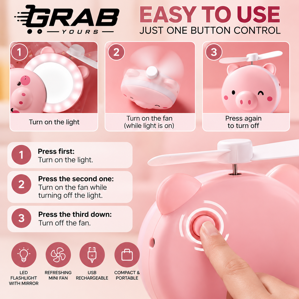 Grab Yours™ Piggy fan with mirror