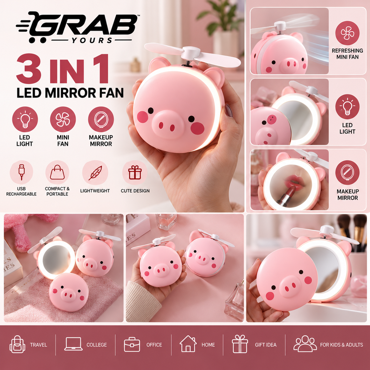 Grab Yours™ Piggy fan with mirror