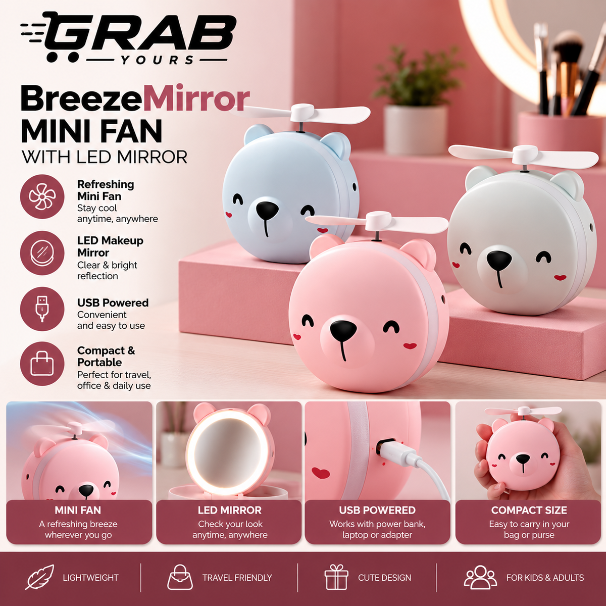 Grab Yours™ Piggy fan with mirror