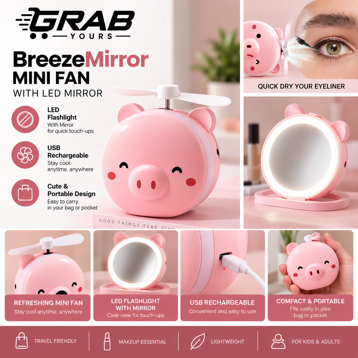 Grab Yours™ Piggy fan with mirror