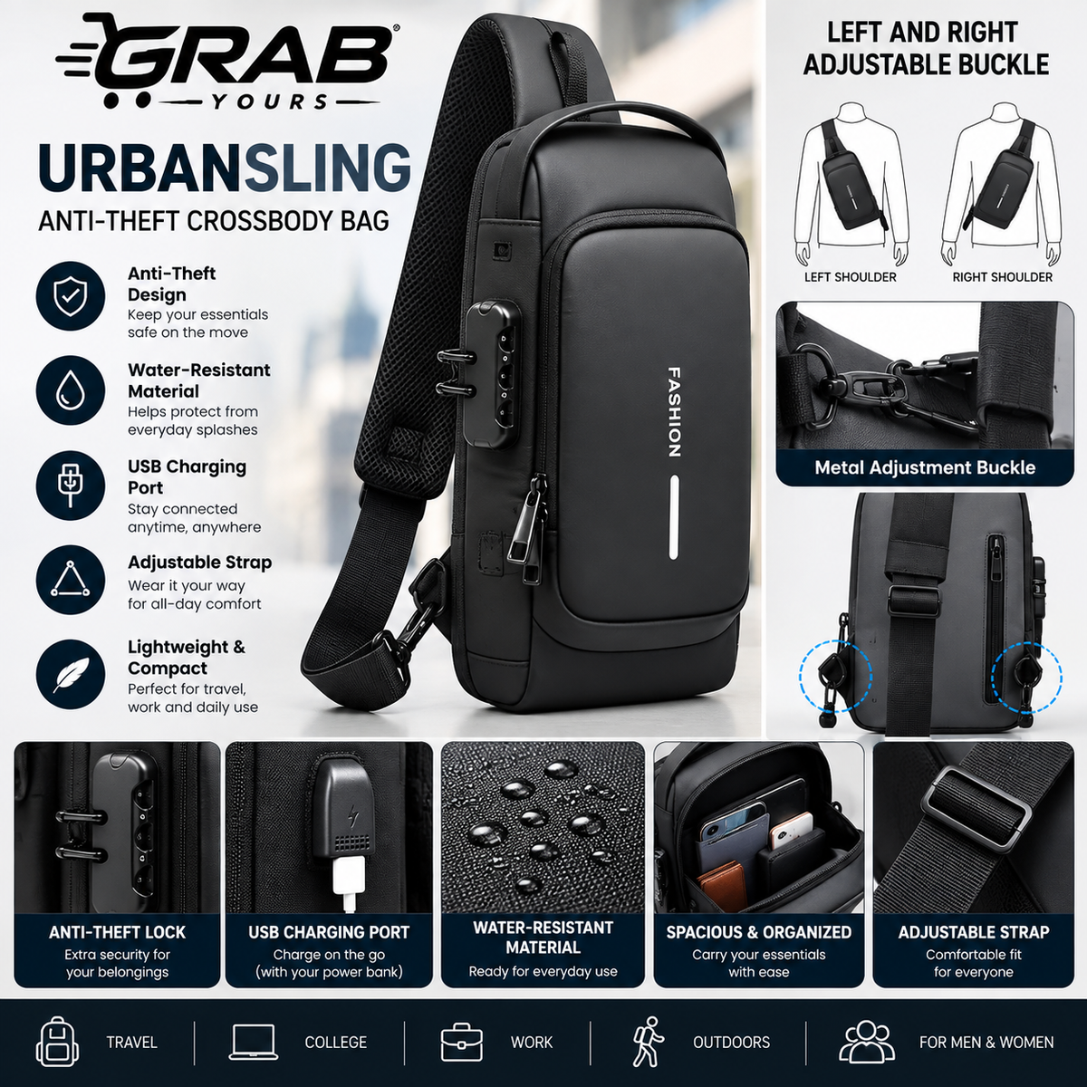 Grab Yours™ UrbanSling Crossbody Bag  Full product title: