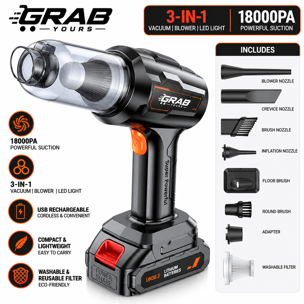 Grab Yours™ 3-in-1 Wireless Car Vacuum Cleaner — 18000PA