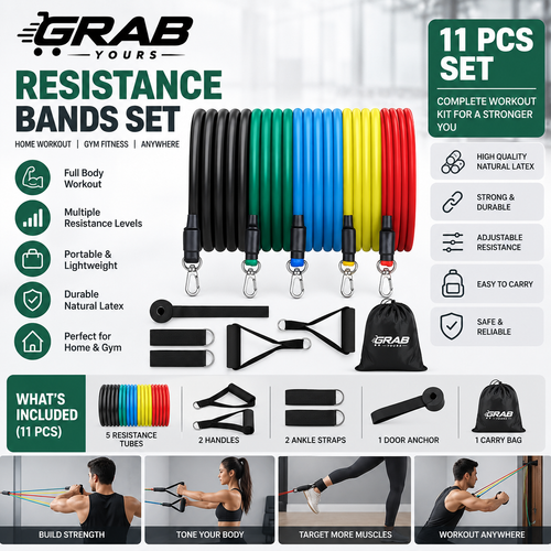 Grab Yours™ 11-Piece Resistance Bands Set with Handles